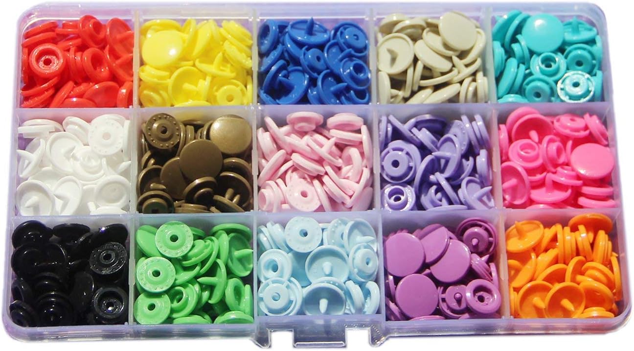 15-Color KAM Snaps Storage Container 150 Sets Size 20 T5 Plastic Fasteners Punch Poppers Closures No-Sew Buttons for Cloth Diaper/Bibs/Unpaper Towels/Nappies/Buttons/Mama Pads