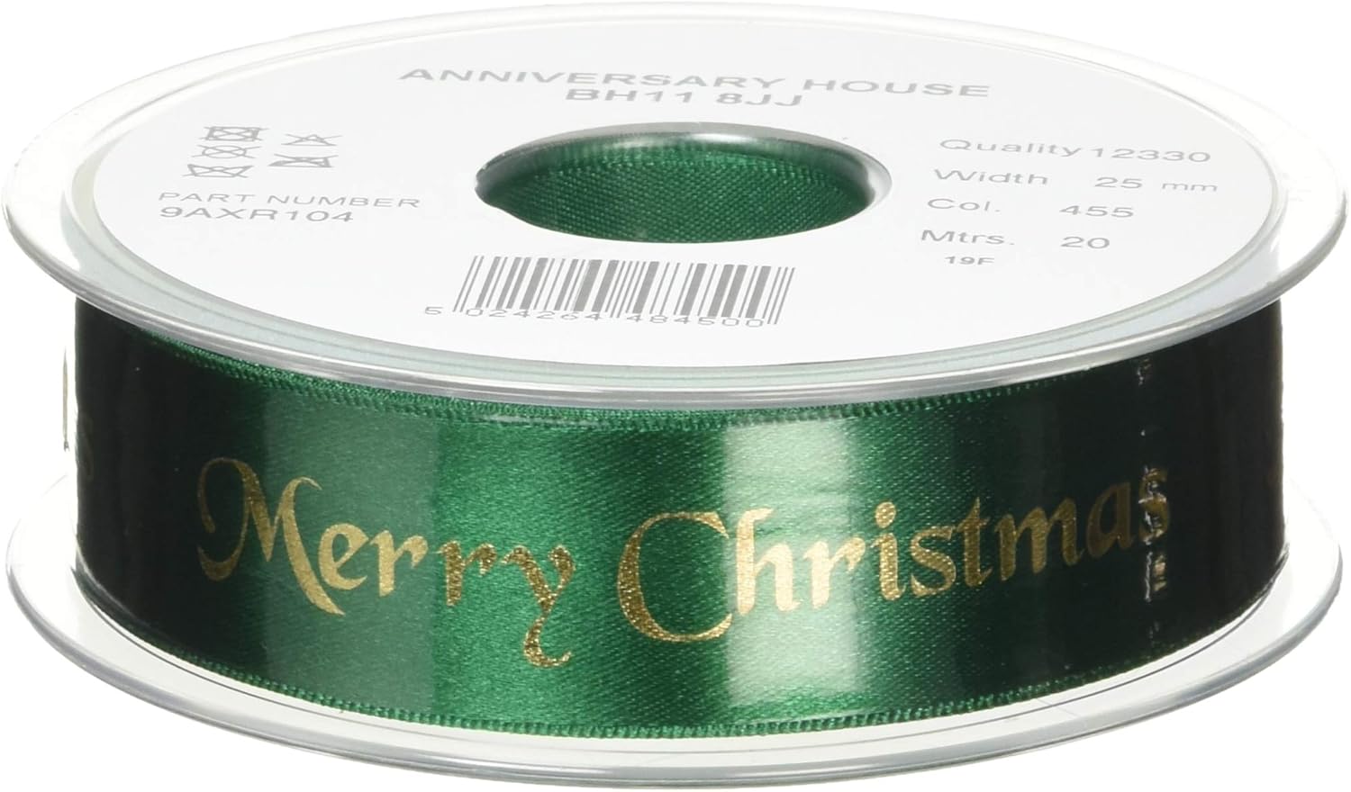 Anniversary House Merry Christmas Cake Ribbon Reel, 20m Green & Gold Polyester Ribbon