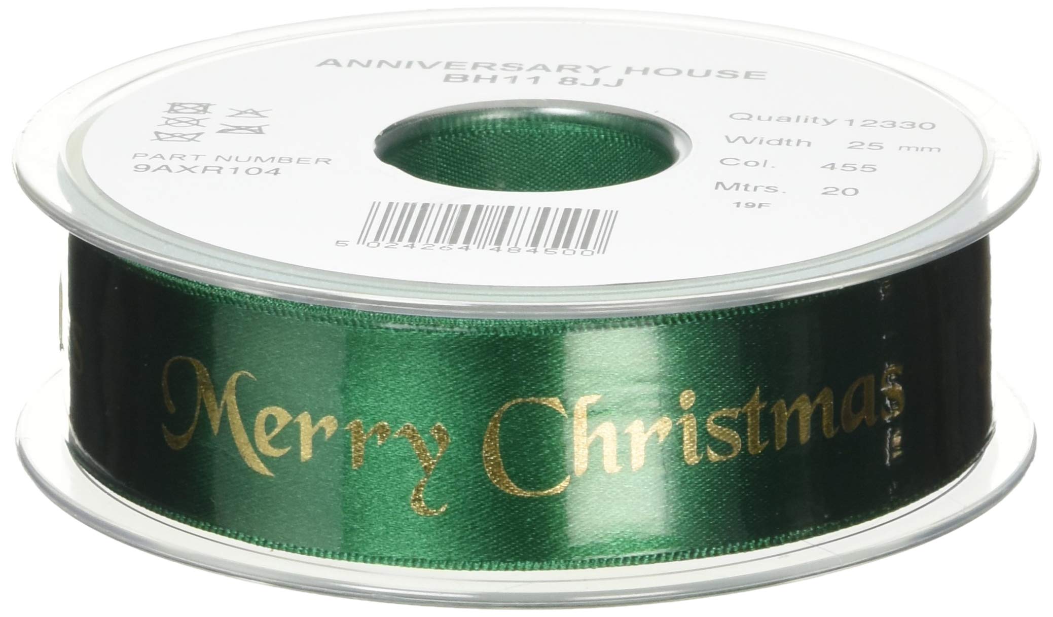 Anniversary House Merry Christmas Cake Ribbon Reel - 20m Green & Gold Polyester Ribbon - Festive Ribbons for Cake Decorating, Gift Wrapping, Tags, Treat Bags & Christmas Crafts - 2.5 cm (1 inch)