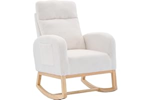 LUSPAZ Modern Accent Rocking Chair, Solid Wood Legs, Upholstered Nursery Glider Rocker, Comfy Armchair with Side Pocket, Living Room Lounge Arm Chair with High Backrest, White
