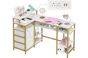 DWVO L Shape Nail Desk for Nail Tech - Spacious Manicure Table with Built-in Charging Station, Marbling Texture Manicure Station for Home, Beauty Salon Spa
