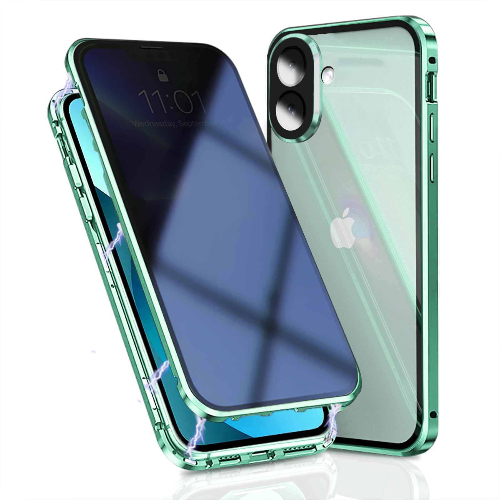 OMGZONE Privacy Case for iPhone 16 Magnetic Cover,Screen Protector built-in Anti-peep Tempered Glass Full Cover with Camera Protector,360 Degree Metal Bumper Case for iPhone 16,Green