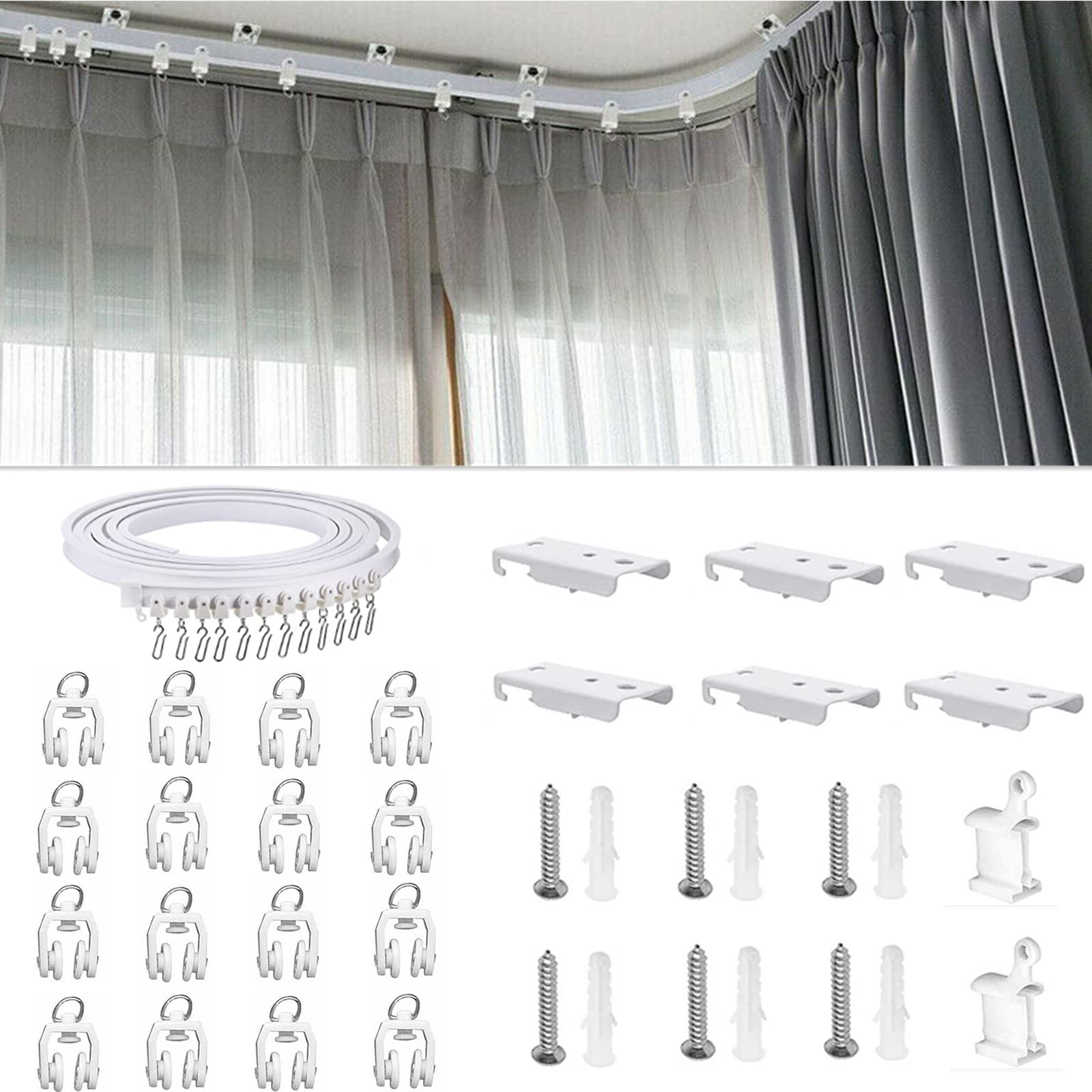 Binwat Flexible Plastic PVC Curtain Track Room Divider Curtain Rod Runner Rail RV Rail Shower Corner Long Curved Hospital Privacy System Wall Ceiling Mounted Fixing Hooks (2 meter,Top clamping)