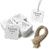 SallyFashion Thank You Gift Tags with String, 150 Pack 2 X 2 inch | White 300 GSM Cardstock, Printed Front with Blank Back, Weddings, Bridal Showers and Party Favors