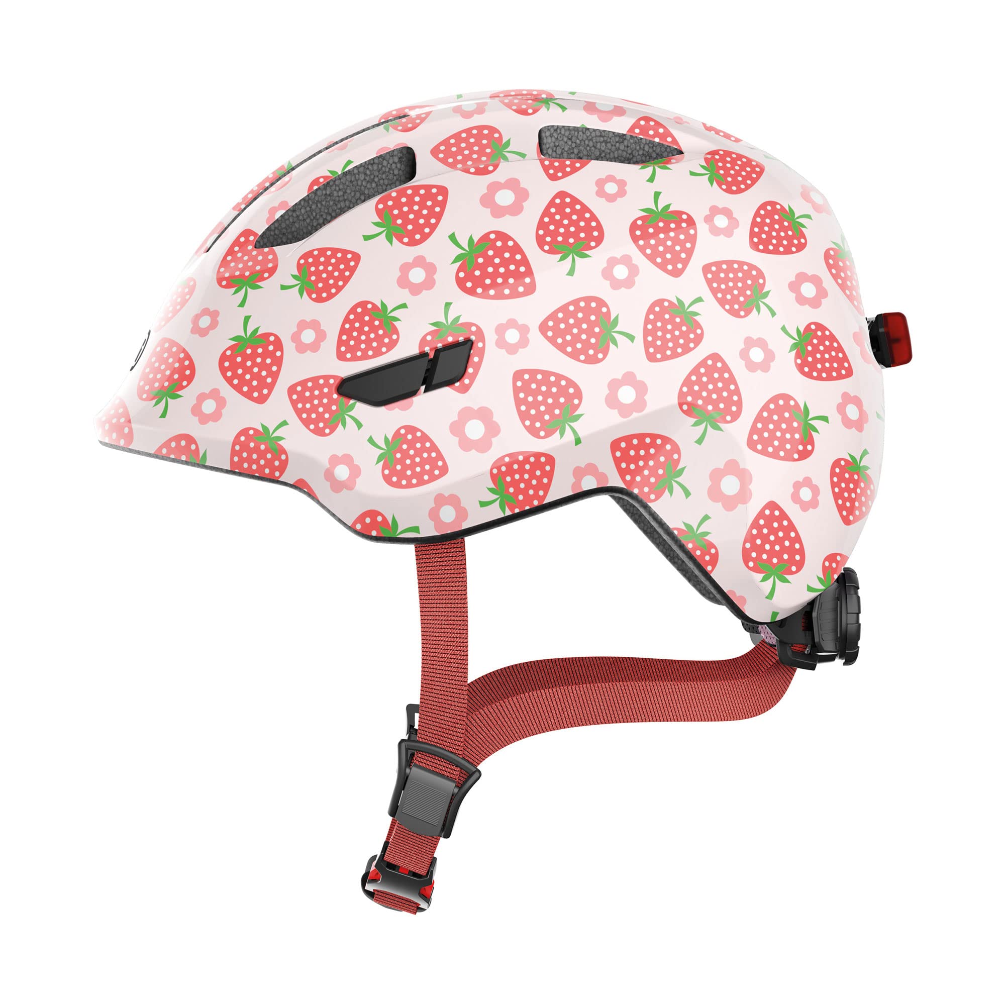 ABUS children's helmet Smiley 3.0 LED - bike helmet with light - deep fit & space for a pigtail - for girls and boys - pink with strawberry pattern, size S, S (45-50 cm)
