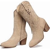 SHIBEVER Cowboy Cowgirl Boots for Women: Western Country High Heel Boots Suede Zipper Mid Calf Booties