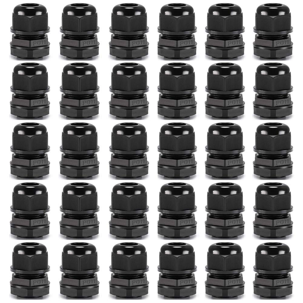 Gebildet Cable Gland, PG11 Plastic IP68 Waterproof Adjustable 5.0-10mm Cable Gland Joint with Gaskets, M18*1.5 Wire Connector, Wire Protector (Pack of 30, Black)
