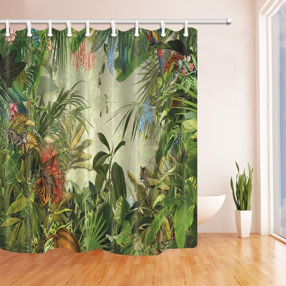 Nyngei Tropical Rainforest Decor Animals in the Palm and Banana Leaves Mildew Resistant Polyester Fabric Shower Curtains Bathroom Shower Curtain with Rings,180X180CM Green