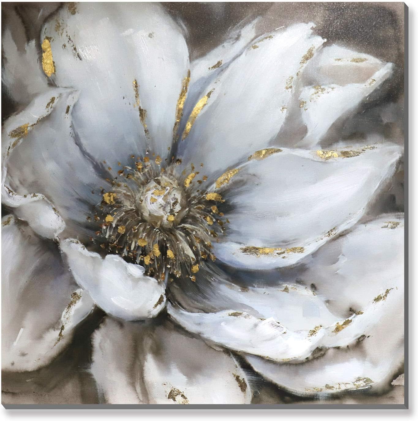 Paintings - Wallpaint - Textured Black and White Flower Picture Canvas Wall Art Gold Foiled Hand Embellished Abstract Floral Painting, 30x30inch Modern Home Decor for Living Room Bedroom Office, Ready to Hang