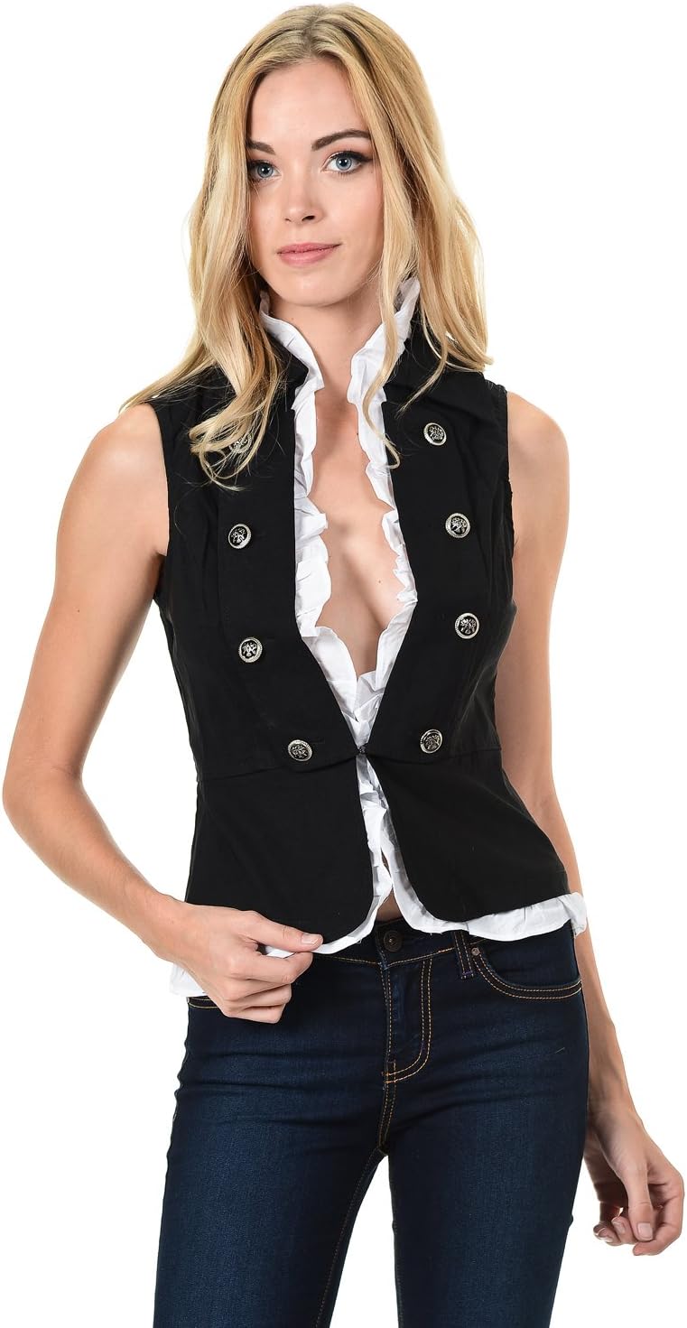Lydia USA Military Look Double Button Breasted Vest Jacket with Detachable White Frilly Ruffle (L3472)