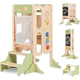 XYMERO 6 in 1 Toddler Tower with Removable Ladder, Foldable Wooden Kitchen Step Stool for Kids, Adjustable Children Helper Tower for Baby, Standing Tower with Safety Equipment and Black Board
