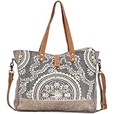 Myra Bag Cloth Purses for Women - Canvas Bag with Real Leather Detailing, Floral Mosaic Pattern Fabric Purses for Women