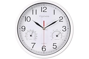 Vigorwise 8 Inch White Wall Clock, Sweep Silent Movement Accurate Clocks with Temperature & Humidity, Decorative for Kitchen/