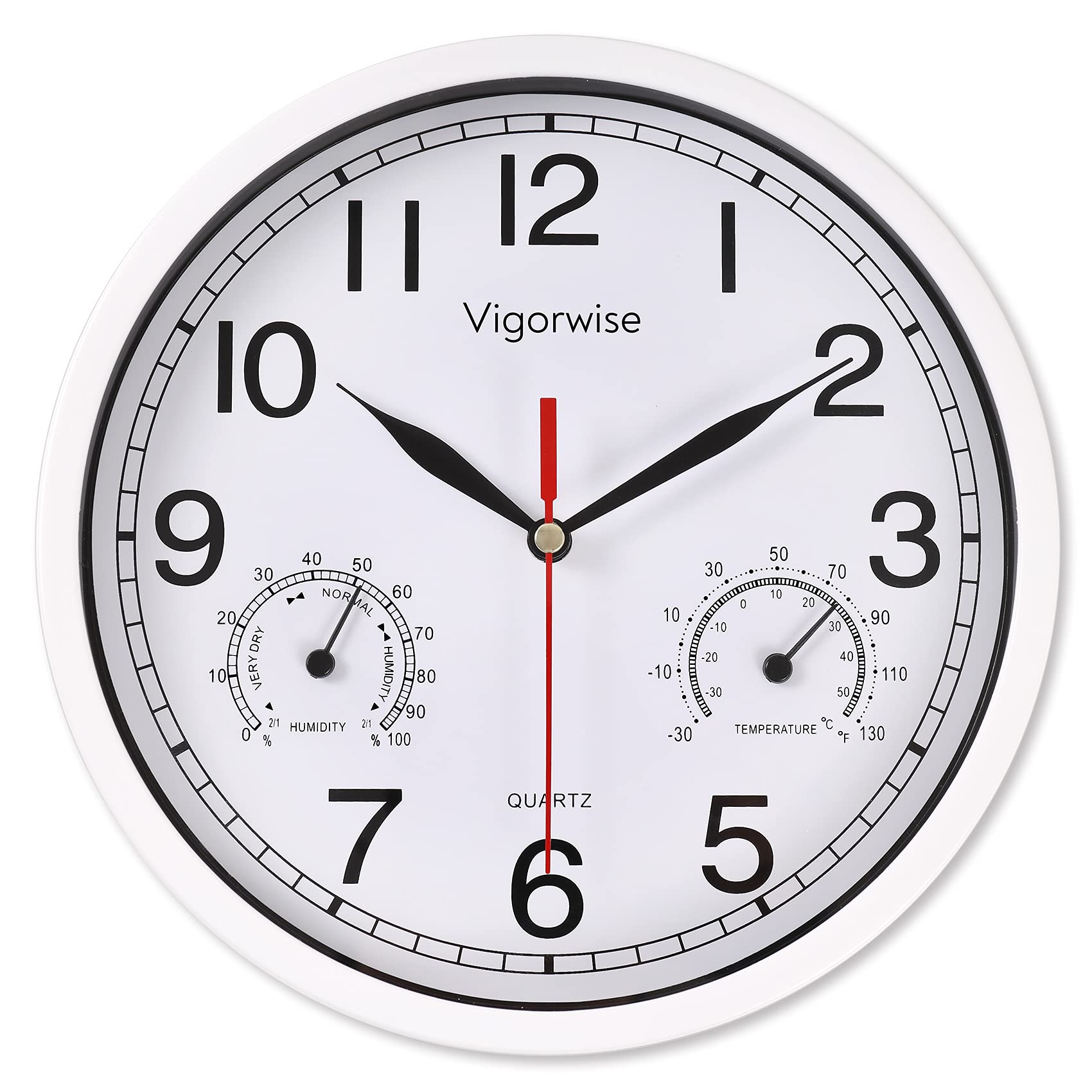 Vigorwise 8 Inch White Wall Clock, Sweep Silent Movement Accurate Clocks with Temperature & Humidity, Decorative for Kitchen/Living Room/Bedroom/Office/School/Classroom — image 1