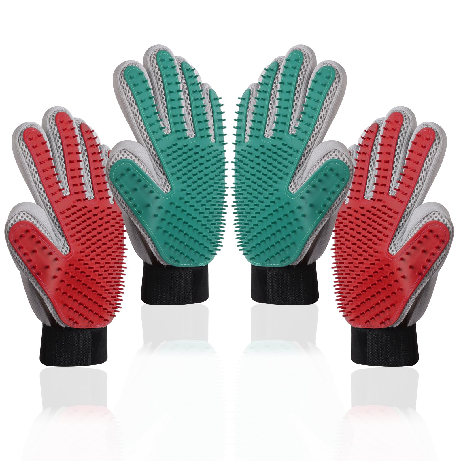 Nicola 4 Pcs Cat Grooming Glove, Dog Grooming Glove, Cat Brush Glove for Long/Short Hair, Pet Grooming Gloves for Cats and Dogs, Cat Grooming Brush Gloves (Red-Green)