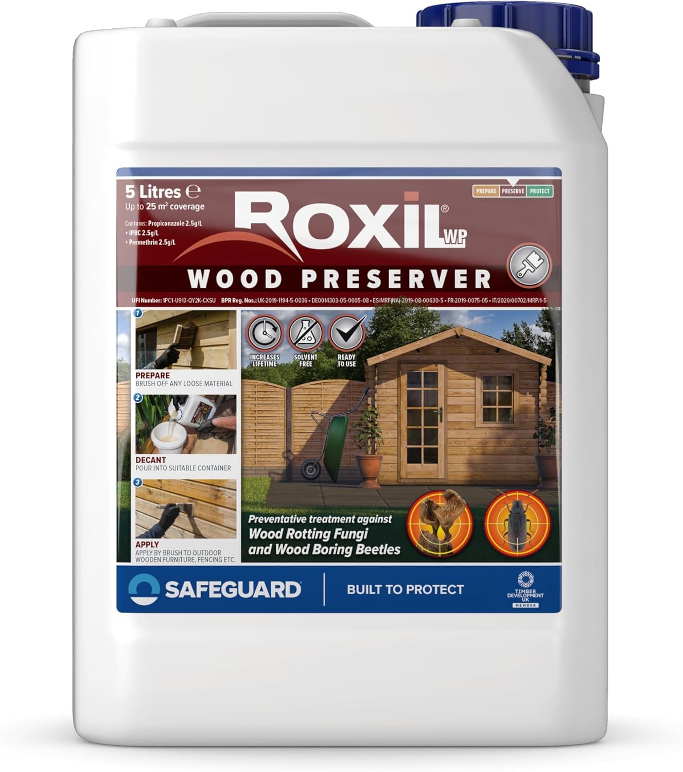 Roxil Wood Preserver Clear (5L) Odourless Pre-Treatment Wood Preservative Against Dry Rot, Wet Rot, Fungal Attack and Woodworm. Solvent Free, Ready to Use, for Outdoor Fence, Decking & Shed
