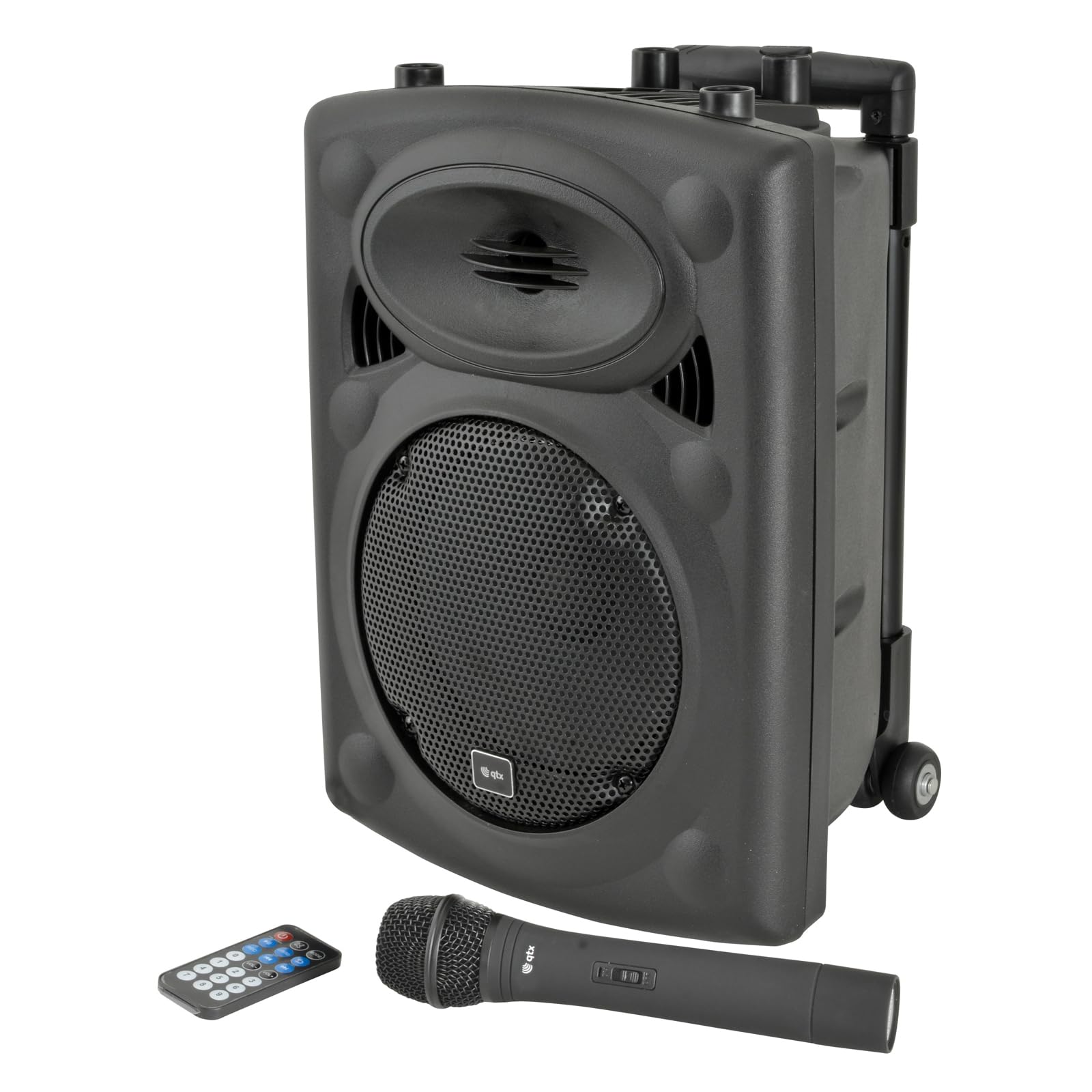 QTX, QR8BT PA: Powerful Portable PA with Bluetooth Connectivity, One Wireless Mic, Internal Rechargeable Battery, Trolley Handle and Wheels
