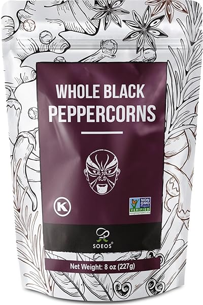 SOEOS BLACK PEPPERCORNS, 8OZ (PACK OF 1), NON-GMO, KOSHER, PACKED TO KEEP PEPPERS FRESH, PEPPERCORN FOR GRINDER REFILL, WHOLE PEPPERCORNS