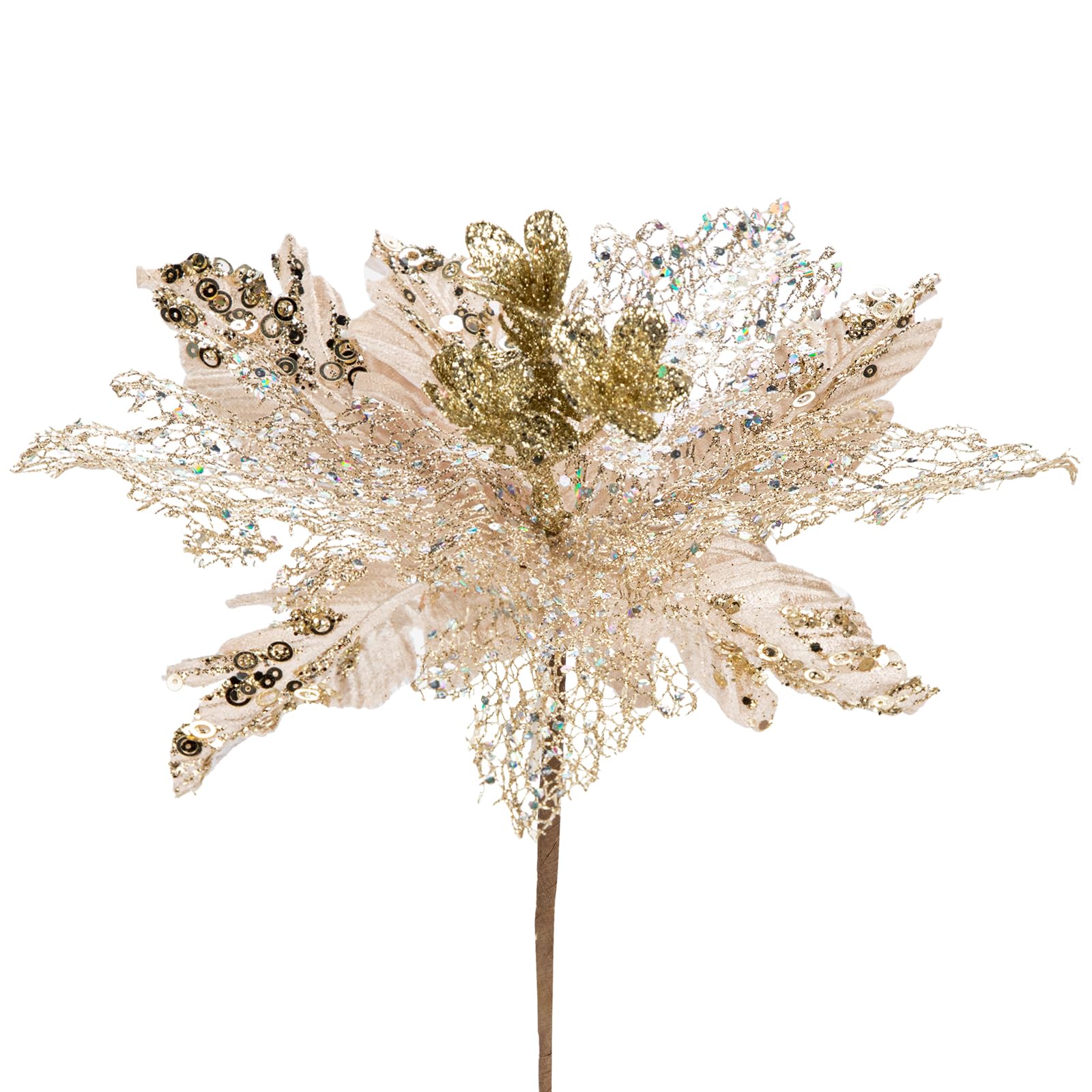 Arborus 6PCS Artificial Flowers Christmas Glitter Poinsettia 11.4" Artificial Large Christmas Flowers Xmas Tree Decorations Champagne Poinsettia Christmas Decorations for Xmas Garland Wreath DIY Decor