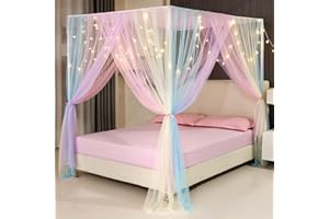 Canopy Bed Curtains with Star Lights, Rainbow Netting Bed Canopy for Full Size Beds, Girls Room Decor