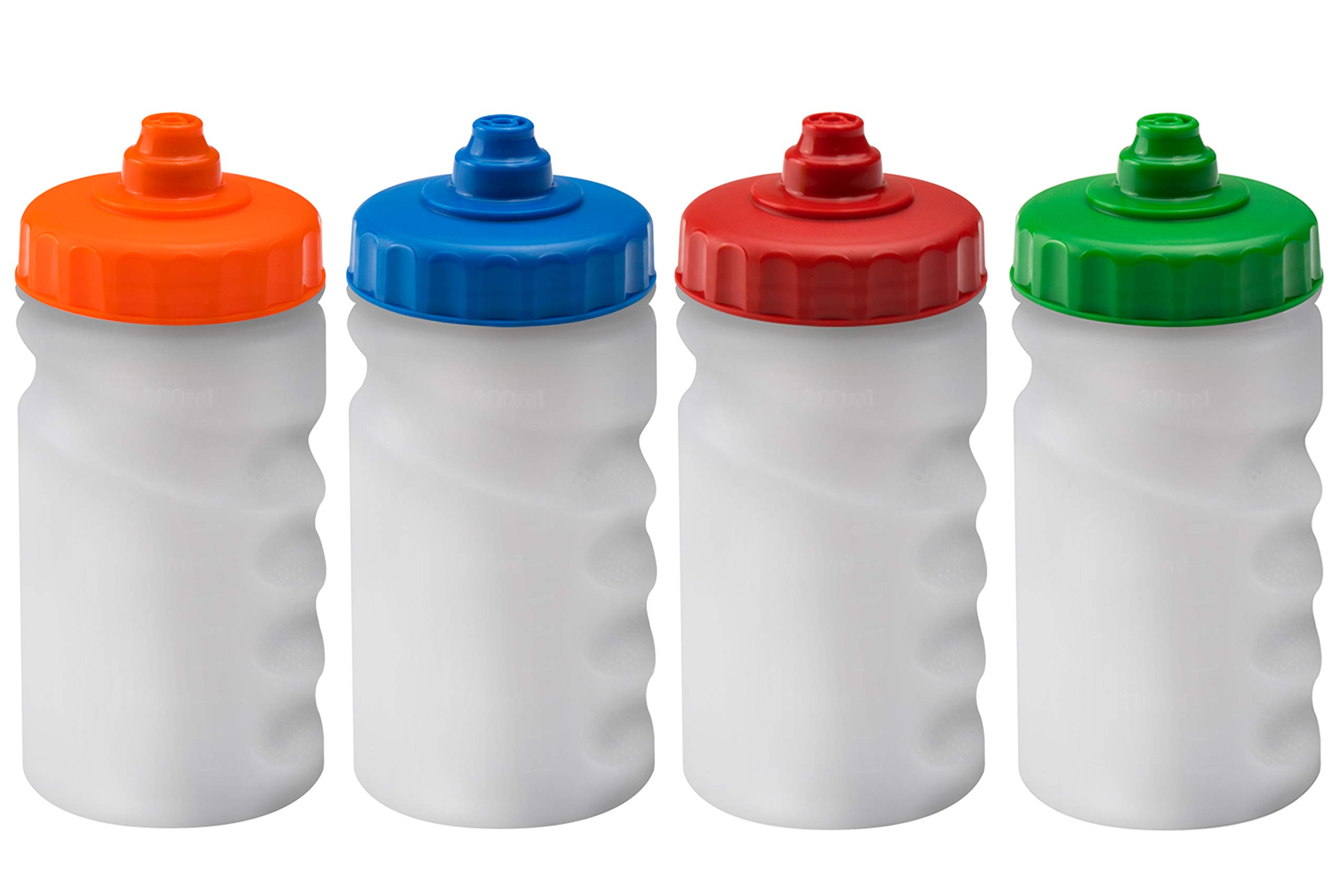 Foxberry 300ml Children's Small Refillable Water Bottles - 4 Pack - Hands Free Lid - Leakproof Spout - BPA Free - Blank For DIY Branding and Decoration - Dishwasher Safe - (Orange Blue Red Green)