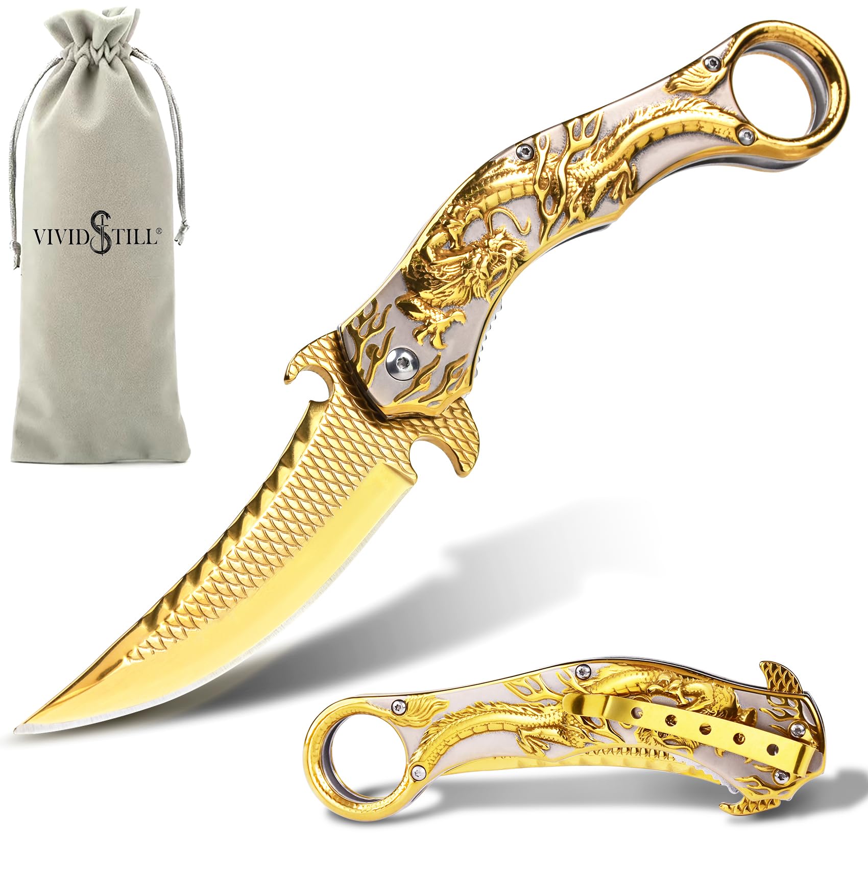 Photo 1 of Vividstill Pocket Knife for Men, Cool Folding Knife With 3D Golden Dragon Relief, Great Gift Edc Knife For Men Outdoor Survival Camping Hiking Hunting