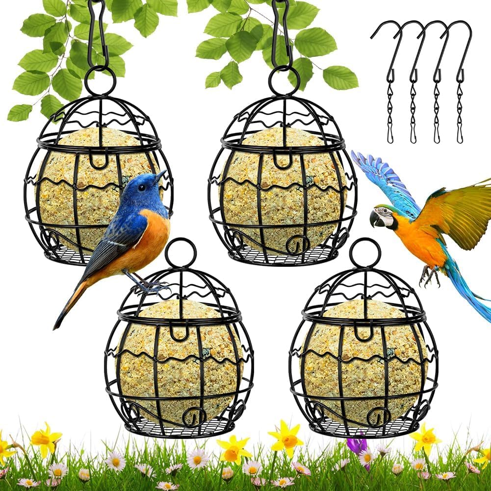 4 Pcs Hanging Bird Feeders Metal Fat Ball Bird Holder with S-shaped hooks for Outdoor Garden Wildlife Birds Finch Sparrow Robin