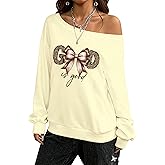 KIDDAD Leopard Bow Sweatshirt for Women Off the Shoulder Sweatshirts Y2k Graphic Shirt Fall Casual Long Sleeve Top