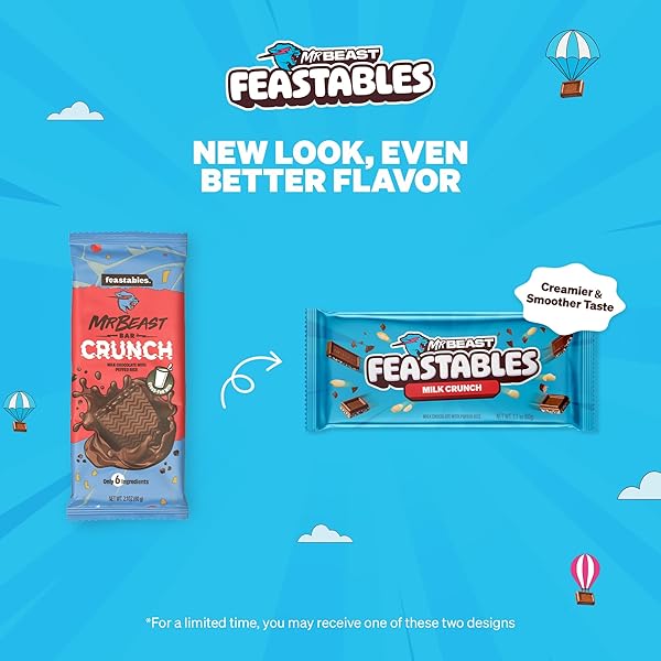 MRBEAST FEASTABLES MILK CHOCOLATE CRUNCH BAR, KING SIZE, 10 COUNT, CRISPY RICE CHOCOLATE CANDY, FAIRTRADE COCOA, 2.1OZ EACH