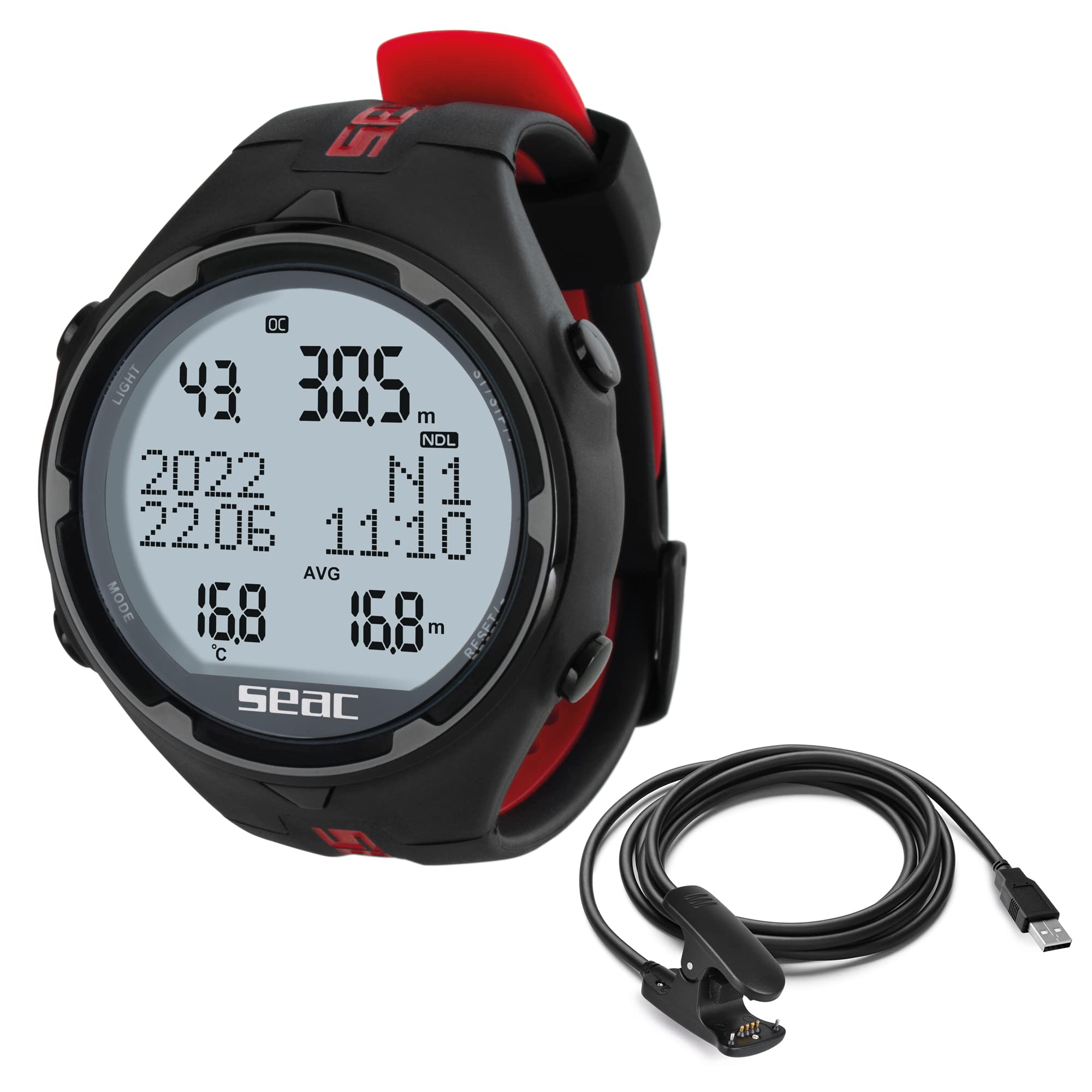 Seac Action, Dive Computer with Scuba and Freediving Mode, Dive Logbook, Dive Planner, Safety Alarms, black/red HR +USB