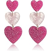 Pink Love Heart Dangle Earrings for Women Hot Pink Earrings Acrylic Double Heart Earrings Valentine's Day Jewelry