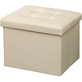 AmasSmile Storage Ottoman Folding Foot Rest Stool, Leather Footstool Bench, Short Ottoman Stool, Storage Foot Rest Store, Books (Beige, 17" D x 13" W x 13" H)