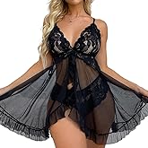 Crexomi Women Sexy Lingerie Open Front Babydoll Dress Lace Chemise Sleepwear Mesh Nightgown with Thong