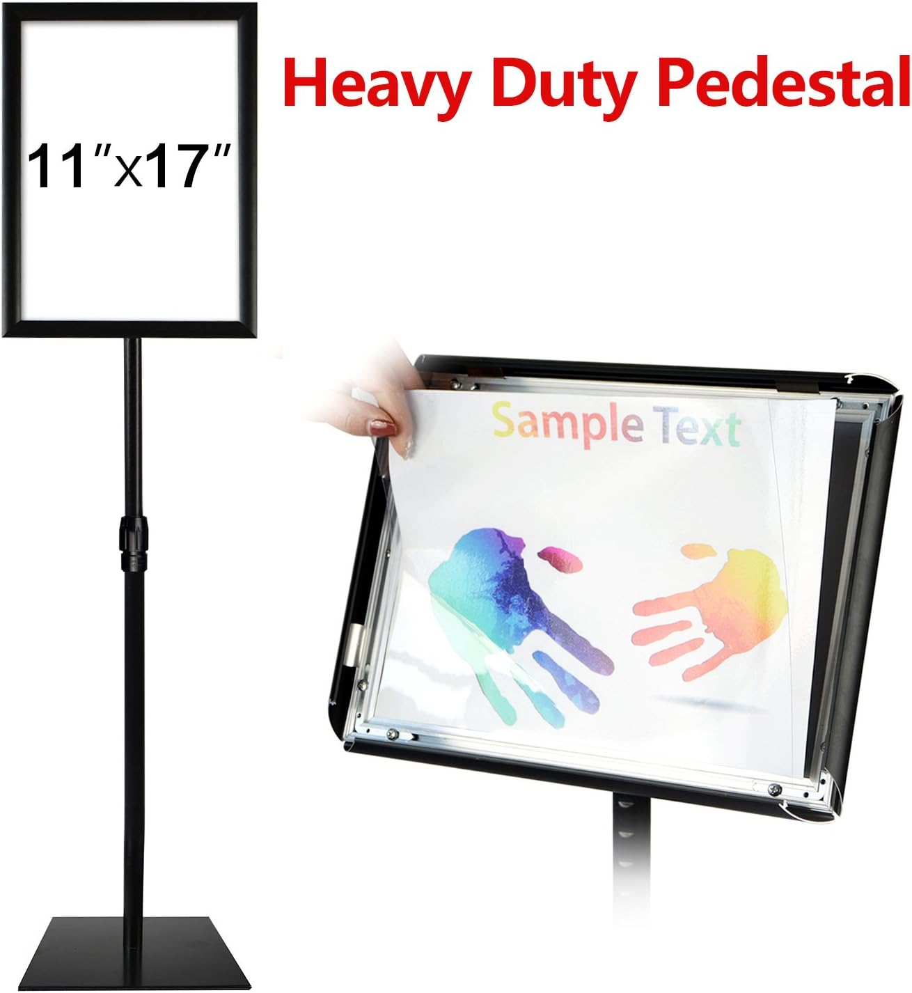T-SIGN Adjustable Heavy Duty Pedestal Poster Stand, Square Steel Base, 11 x 17 Inch Aluminum Snap Open Frame, Vertical and Horizontal Displayed, Black : Office Products