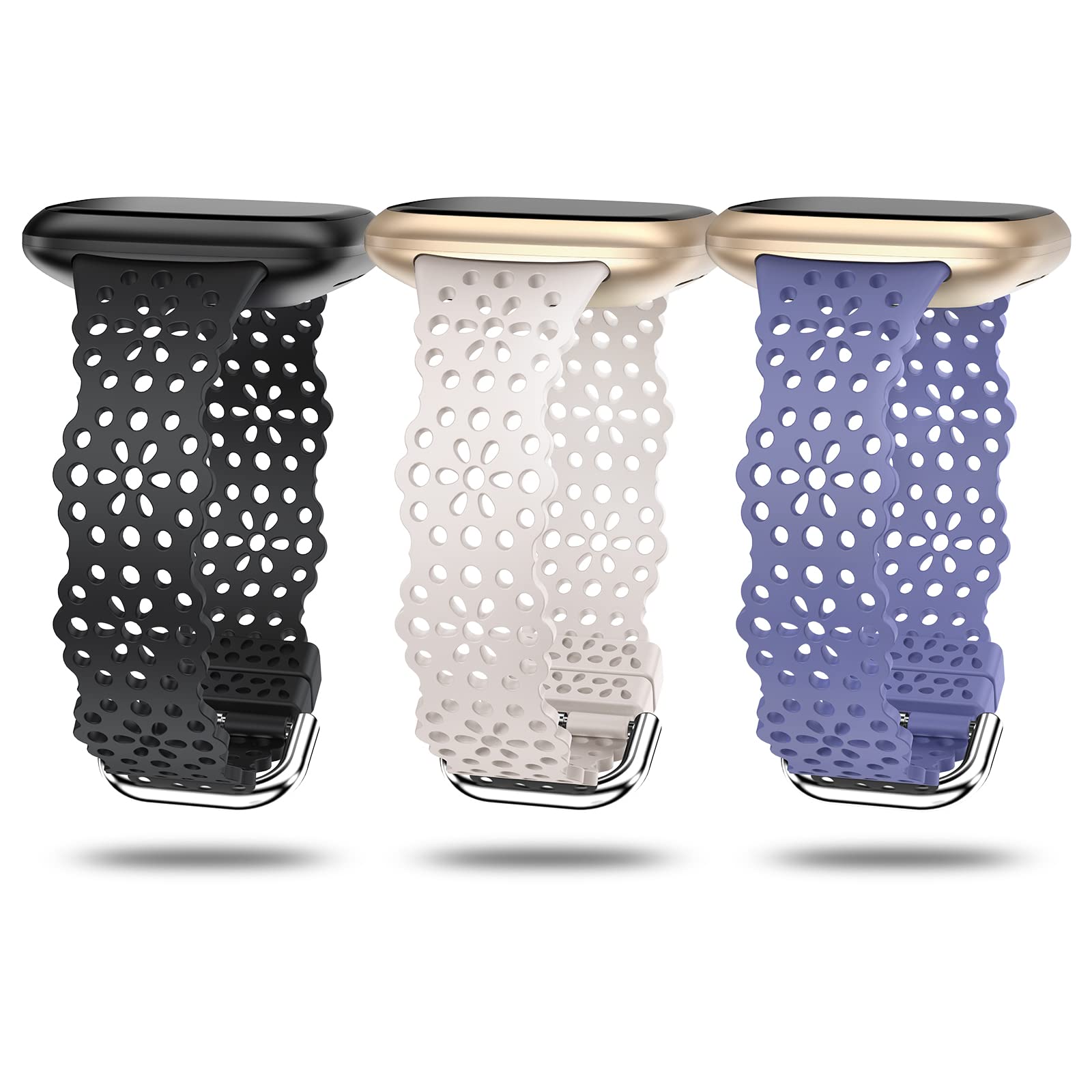 TOYOUTHS 3 Pack Lace Silicone Straps Compatible with Fitbit Versa 3/Sense/Versa 4/Sense 2, Women Slim Cute Hollow-Out Sport Replacement Strap, Breathable Waterproof Soft Straps, Black+Purple+Starlight