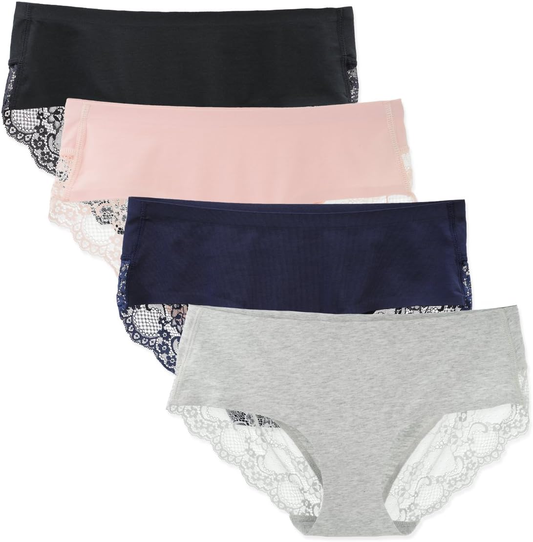 LIQQY Women's Cotton Hipster Lace Coverage Seamless Full Brief Panty Underwear Pack of 4, Assorted, Small