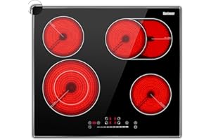 Karinear 4 Burners Electric Cooktop 24 Inch, 220-240v Built-in Electric Ceramic Cooktop with Glass Protection Metal Frame, Expandable Burners, Slider-Touch Control, Multi-function Elecric Stovetop