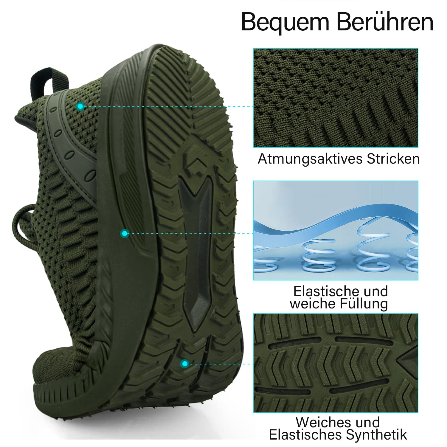 Feethit Sneaker Herren Laufschuhe für Gehen,Joggen,Laufen,Sport Armeegrün 44 5