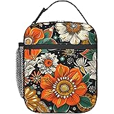 ainori Reusable Floral Lunch Box for Kids Girls Boys Women Adult, Insulated Orange and White Flower Lunch Bag,Polyester Cooler Handbags Case for School Picnic Work Travel Beach or Hiking (Black)