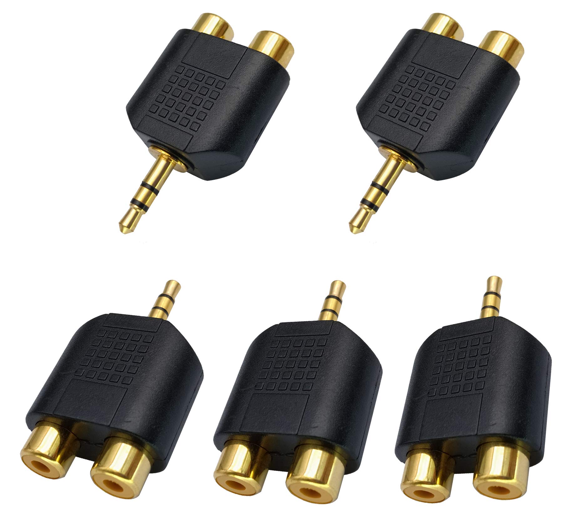 AAOTOKK 3.5mm to RCA Splitter Adapter Gold Plated 3 Poles 3.5mm (1/8 inch) Stereo Audio Male to 2 RCA Female AUX Audio Y Splitter Adapter Converter (5Pack)