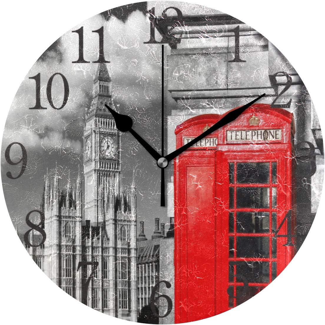 ISAOA 9.5 Inches Modern Wall Clock,Silent Non-ticking 1 English Red Telephone Booths With Big Ben In London UK Round Desk Clock Cube Clock for Bedrooms,Kids,Living Room,Kitchen