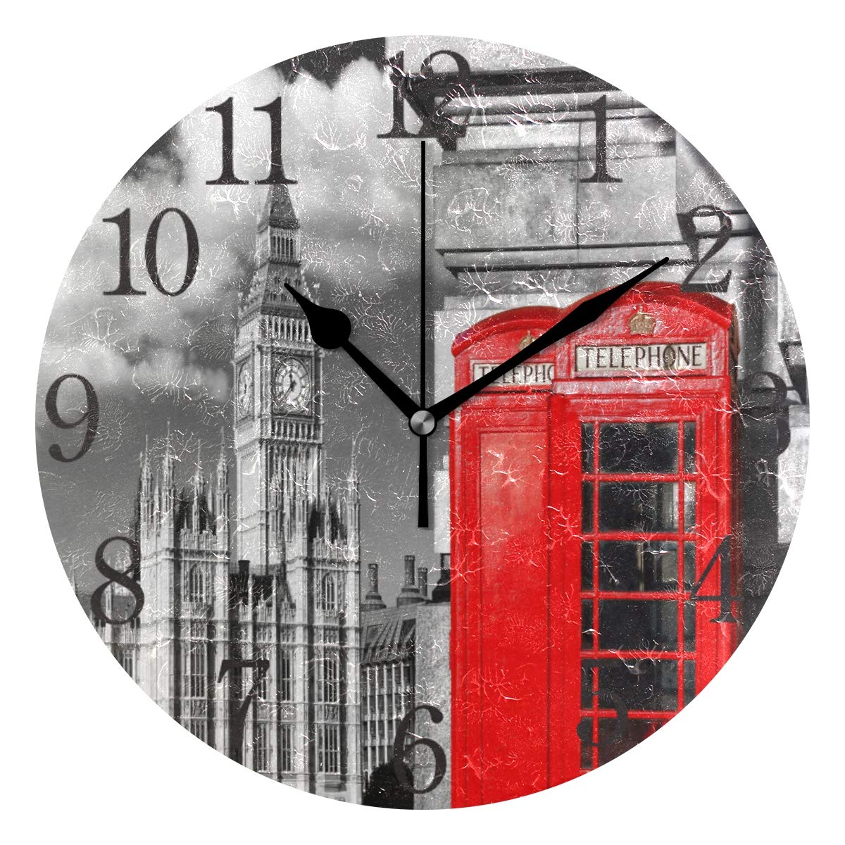 ISAOA 9.5 Inches Modern Wall Clock,Silent Non-ticking 1 English Red Telephone Booths With Big Ben In London UK Round Desk Clock Cube Clock for Bedrooms,Kids,Living Room,Kitchen