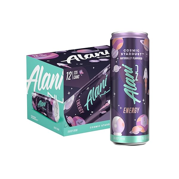 ALANI NU COSMIC STARDUST, SUGAR FREE, LOW CALORIE ENERGY DRINKS, 200MG CAFFEINE, BIOTIN, B VITAMINS, ZERO SUGAR, 10 CALORIES, 12 FL OZ CANS, 12 PACK