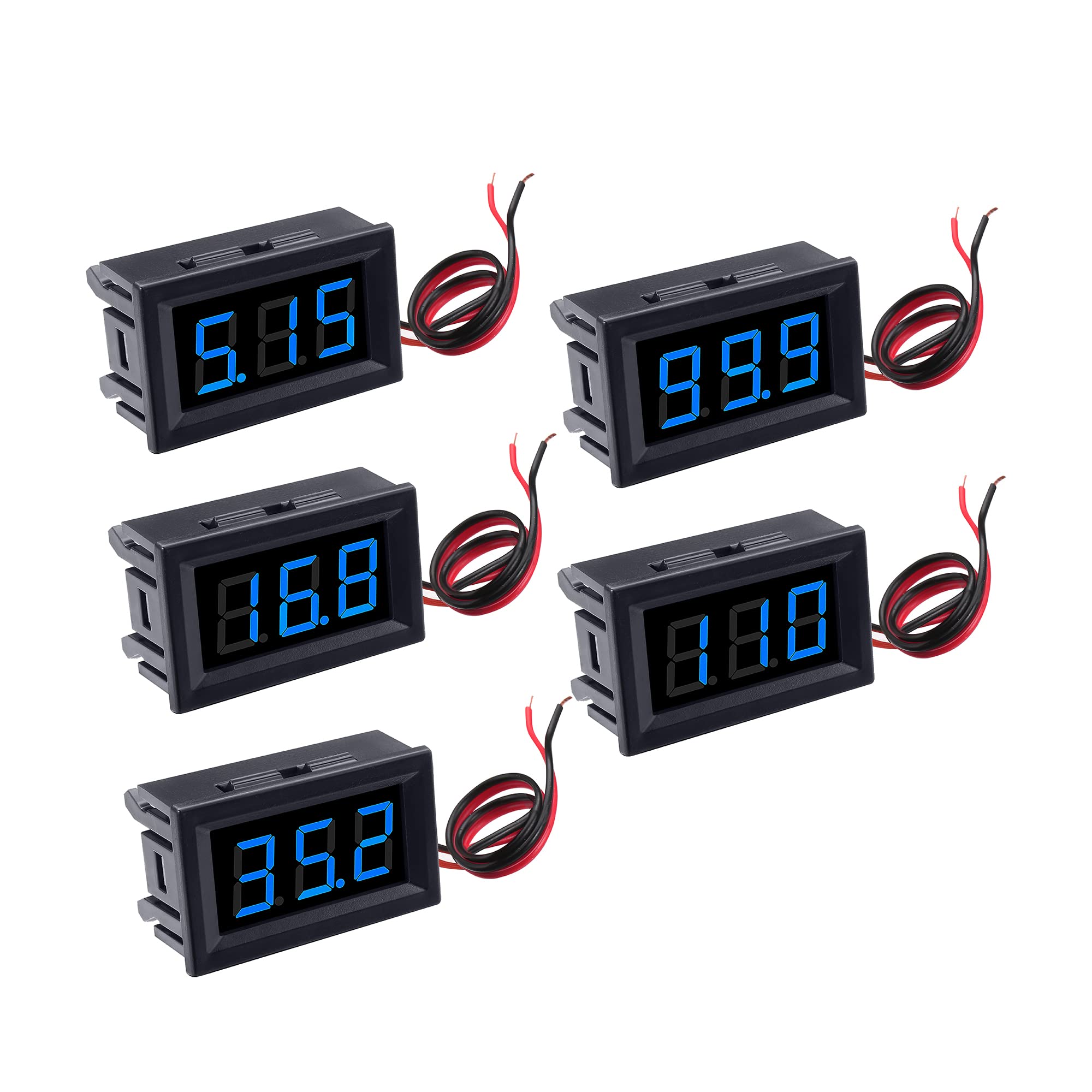 CrocSee 5Pack DC 5-120V Mini Voltmeter Blue LED Digital Display Panel Voltage Meter, 2-Wire, 0.56 Inch, for Motorcycle Battery Monitor
