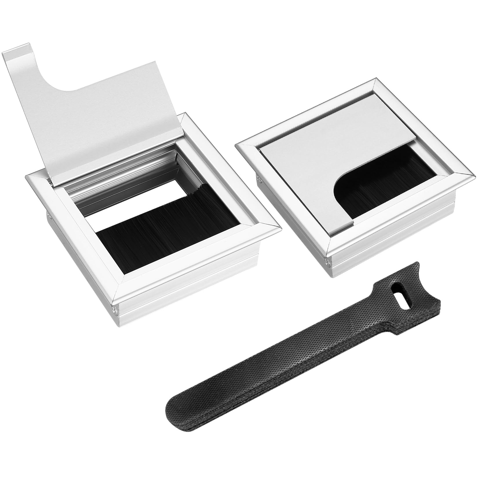 2 Pcs Desk Table Grommets, Aluminum Alloy Rectangle Cord Cable Wire Hole Covers Organizer, Cable Tidies Port Hole Covers with Brushes for Home Office Table (silvery, 80x80mm)