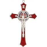 TALPGOD 7 Inch St Benedict Crucifix Red,Crucifix Wall Cross for Catholic Decor,Jesus Christ Hanging Cross Wall Art Decor,Escapularios Catolicos,Saint Benedict Medal for Home Decoration