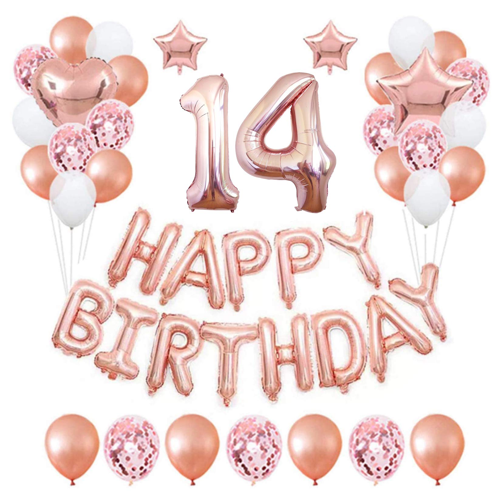 14th Rose Gold Party Decorations Pack - 48PCS Banner, Happy Birthday Supplies for Girls Women, Star Heart Foil and Latex Balloons