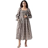 Cotton Block Print Maxi Dress for Women Bobbin Elastic Bodice, Square Neckline, Long Sleeves, Pockets Handmade Indian Style