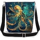 LiuenMgg Octopus Print Canvas Crossbody Bag, Adjustable Strap Lightweight Purse with Top Zipper & Inner Pocket, Daily Shoulder Bag Gift for Women