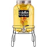 2 Gallon Glass Drink Dispensers for Parties, Beverage Dispenser with Stand, Fruit Infuser and Stainless Steel Spigot 100% Leakproof, Beverage Dispenser for Lemonade Sun Tea